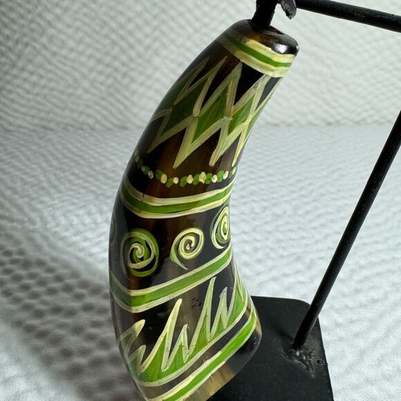 Vintage Handcrafted Tribal Candle Holder With African Motif Metal & Cow Horn - Picture 3 of 8